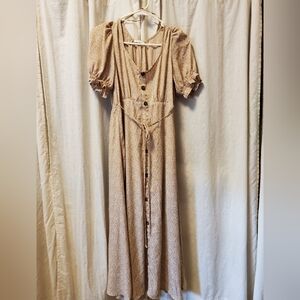 Long Tan Cottage Farm Fall Dress Girly Cottagecore Flowy Modest